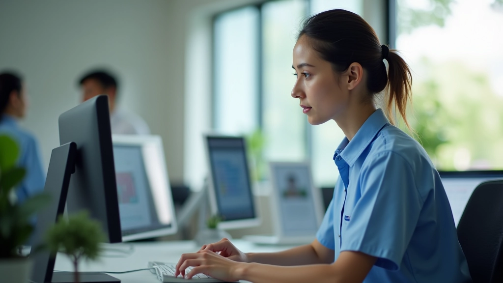 Healthcare receptionist at desk using appointment booking software on computer