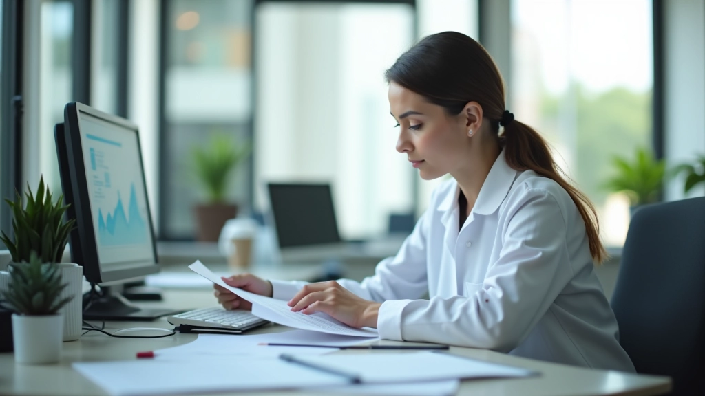 Medical office manager at desk reviewing appointment schedule and patient data